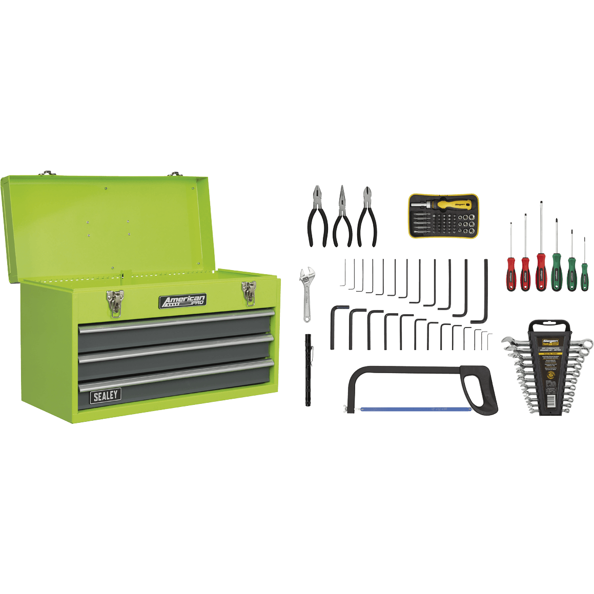 Sealey American Pro 3 Drawer Tool Chest + 93 Piece Tool Kit Green