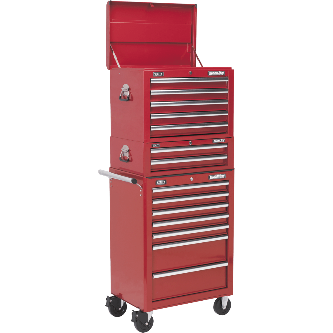 Sealey Superline Pro 14 Drawer Roller Cabinet, Mid Box and Top Tool Chest Red