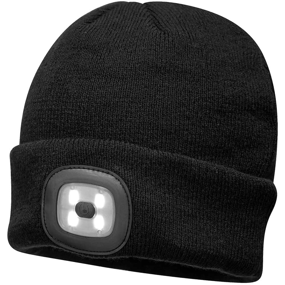 Portwest Beanie Hat and USB Rechargeable LED Head Light Black One Size