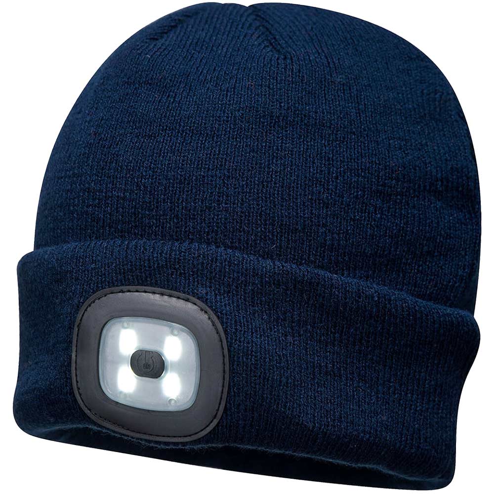 Portwest Beanie Hat and USB Rechargeable LED Head Light Navy One Size