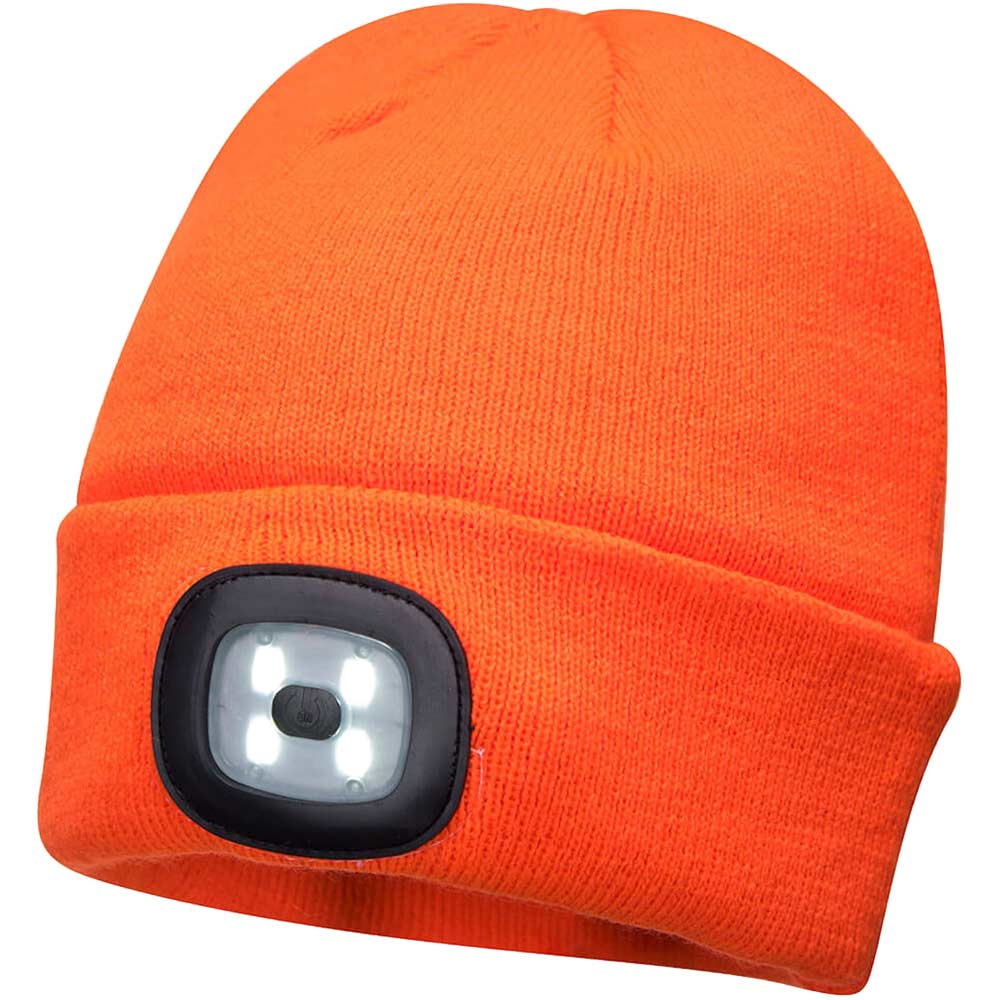 Portwest Beanie Hat and USB Rechargeable LED Head Light Orange One Size
