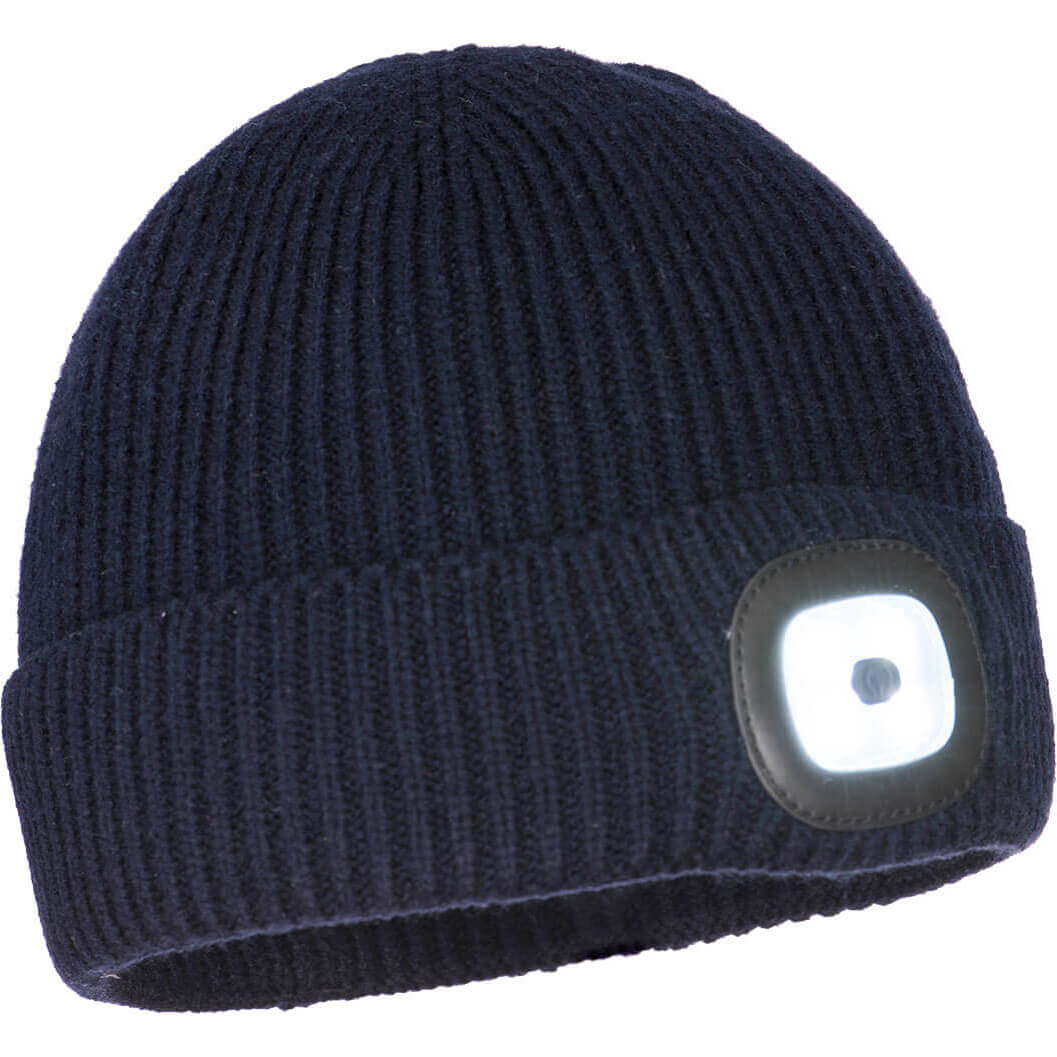Image of Portwest Workmans Rechargeable LED Headlight Beanie Hat Navy One Size