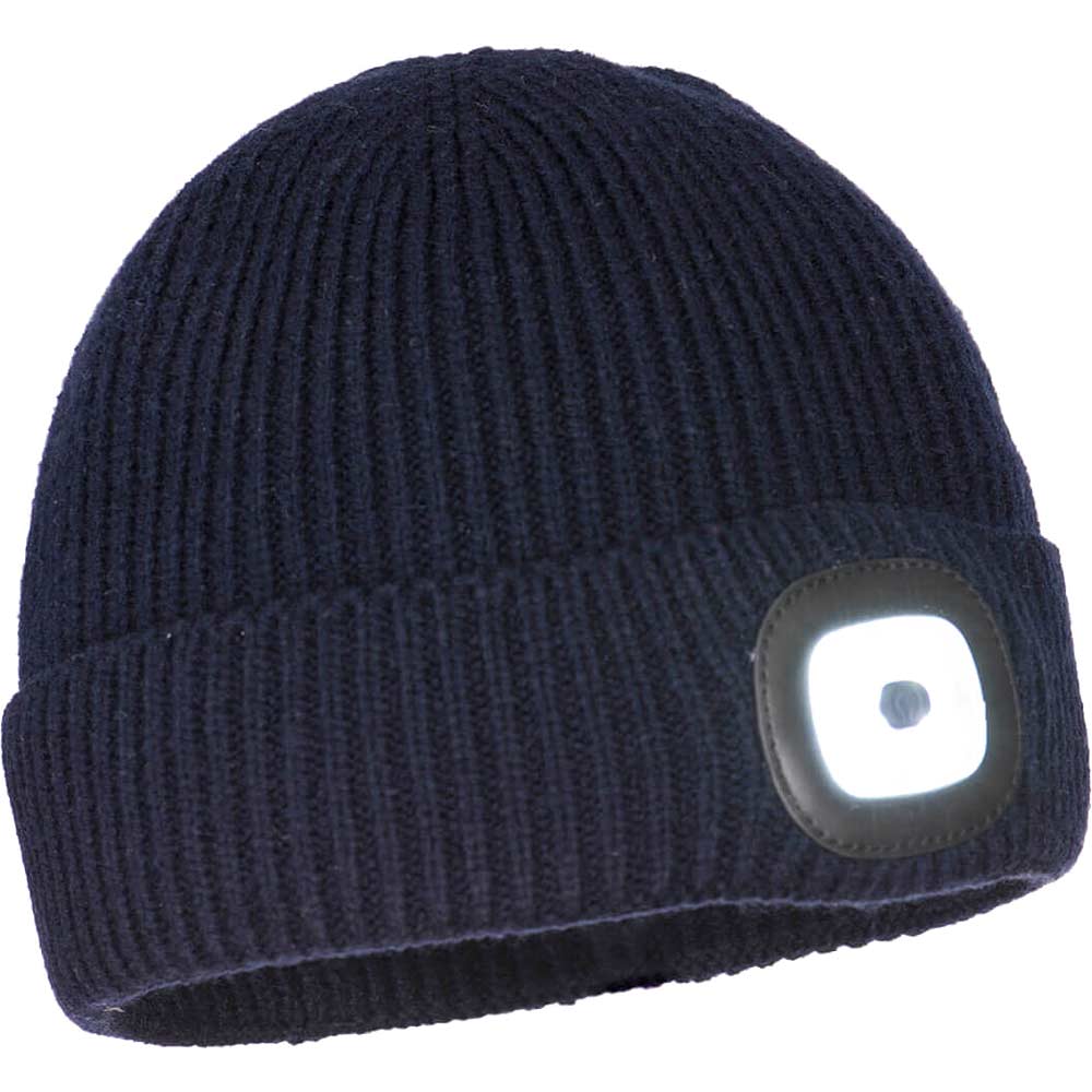 Portwest Workmans Rechargeable LED Headlight Beanie Hat Navy One Size