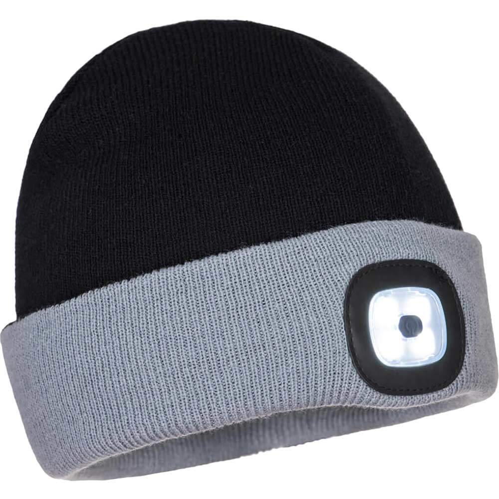 Image of Portwest Two Tone Rechargeable LED Headlight Beanie Hat Black / Grey One Size