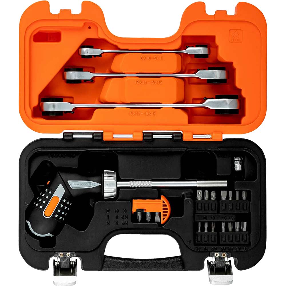 Image of Bahco Pistol Grip Ratchet Screwdriver and Spanner Tool Kit