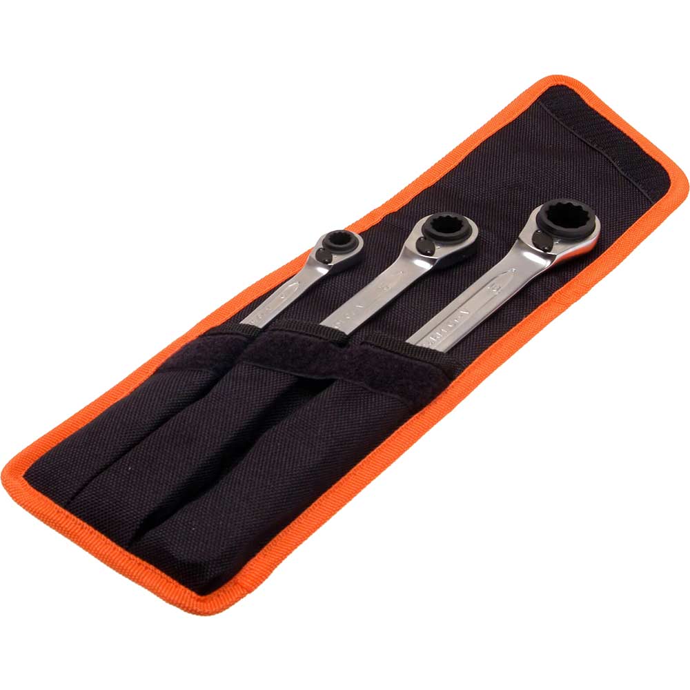 Image of Bahco 3 Piece Reversible Ratchet Ring Spanner Set