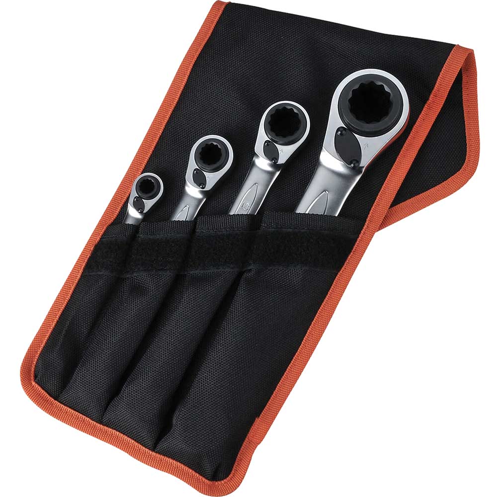 Image of Bahco 4 Piece Reversible Ratchet Ring Spanner Set