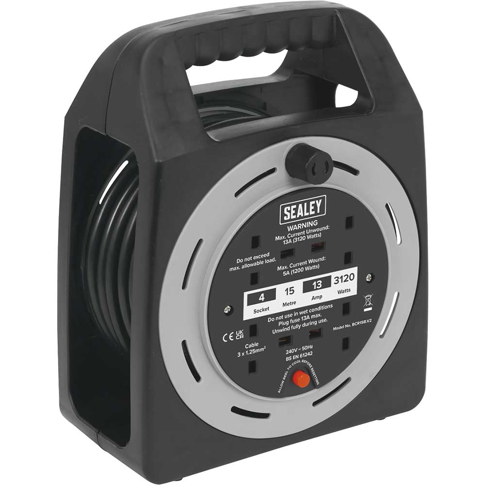 Sealey 3 Socket Cable Extension Reel Box 240v 15m