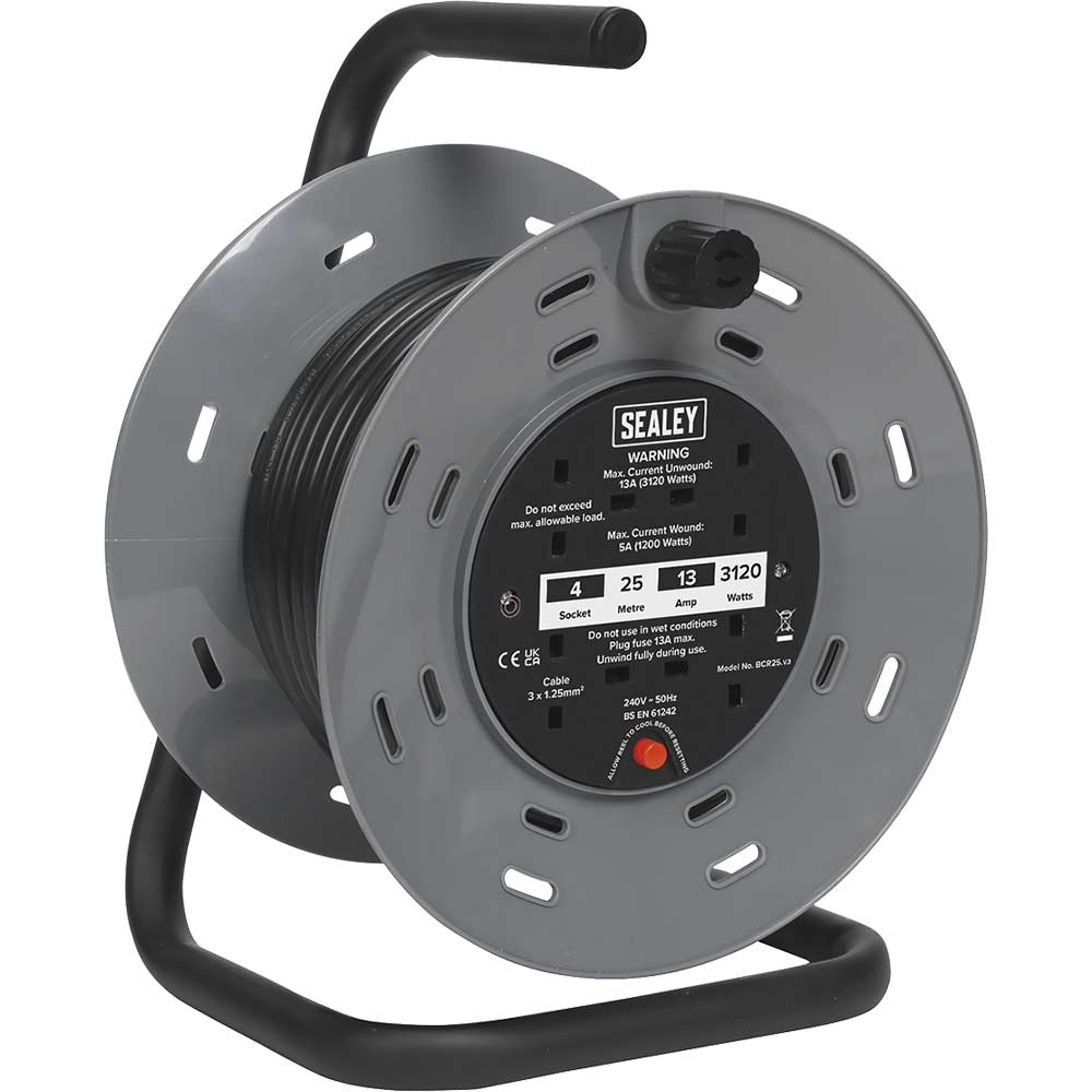 Sealey 4 Socket Cable Extension Reel 240v 25m