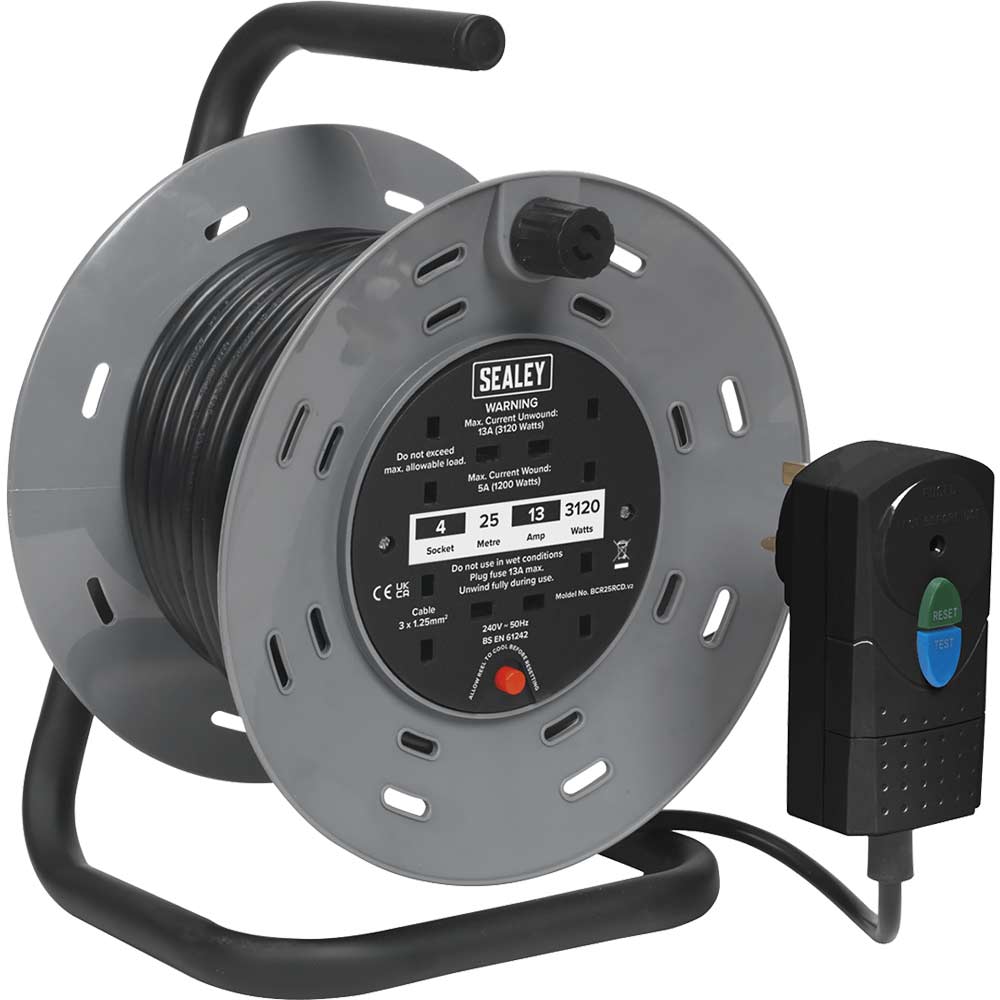 Sealey 2 Socket Cable Extension Reel and RCD Plug 240v 25m