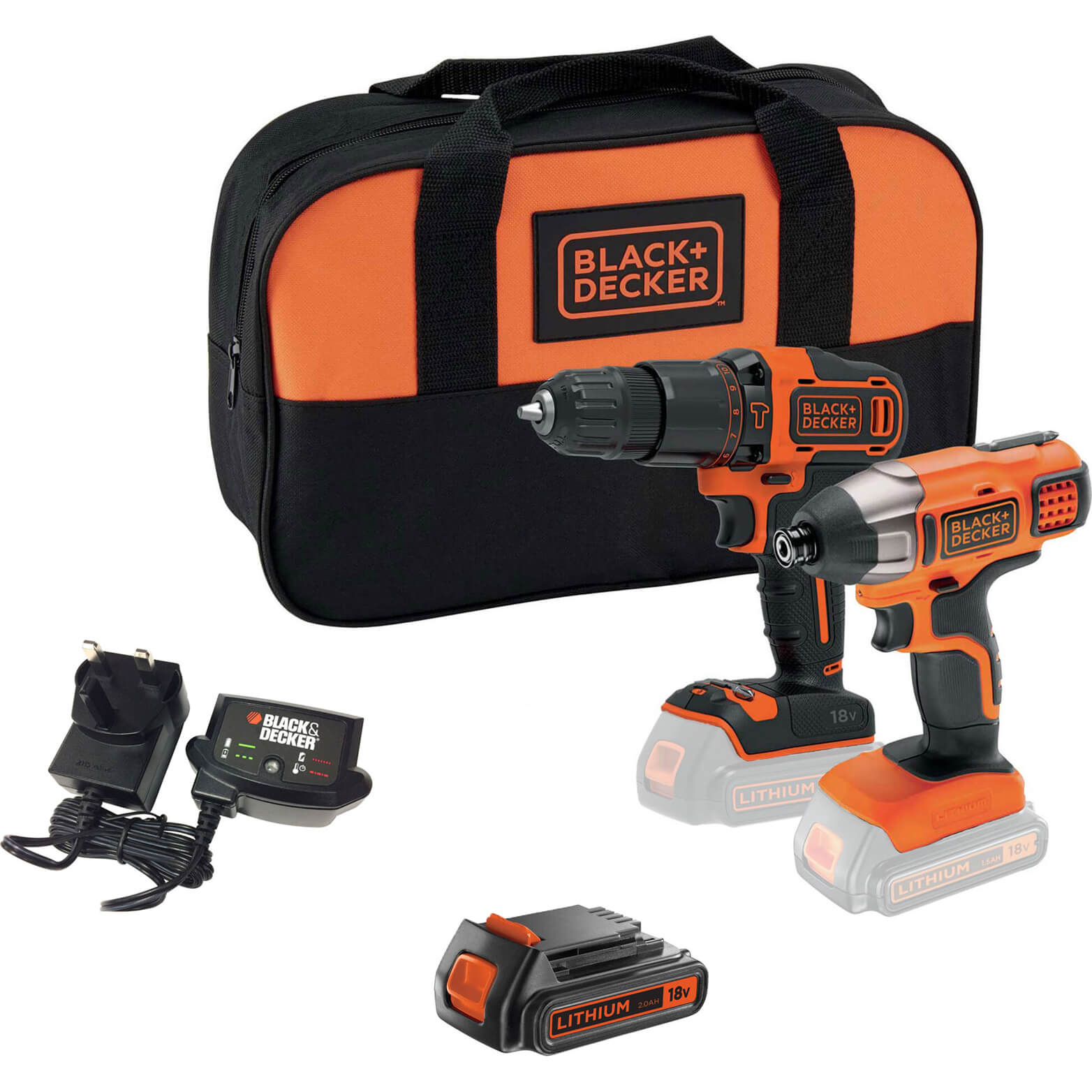 Image of Black and Decker BCK25S2S 18v Cordless Combi Drill and Impact Driver Kit 1 x 2ah Li-ion Charger Bag