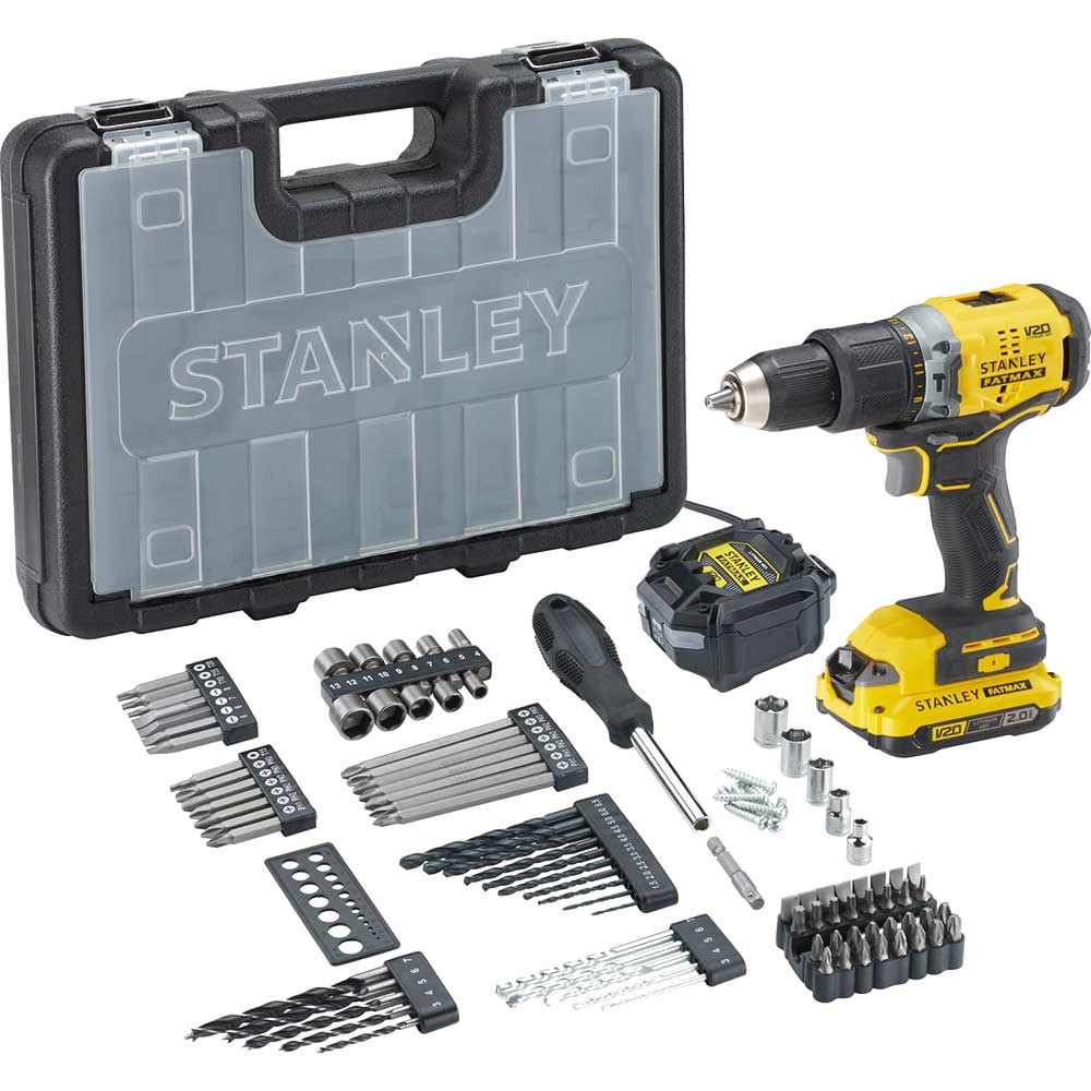 Stanley Fatmax V20 SFMCD715 18v Cordless Brushless Combi Drill 1 x 2ah Li-ion Battery Charger Case & 100 Piece Accessories