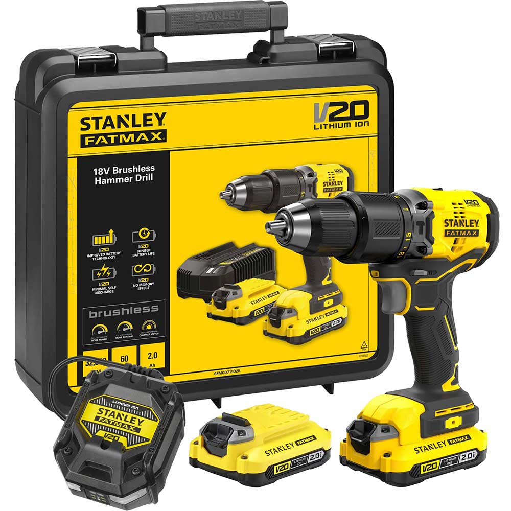 Stanley Fatmax V20 SFMCD715 18v Cordless Brushless Combi Drill 2 x 2ah Li-ion Battery Charger Case