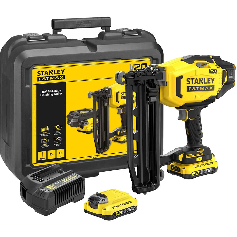 Stanley Fatmax V20 SFMCN616 18v Cordless 16G Second Fix Nail Gun 2 x 2ah Li-ion Battery Charger Case
