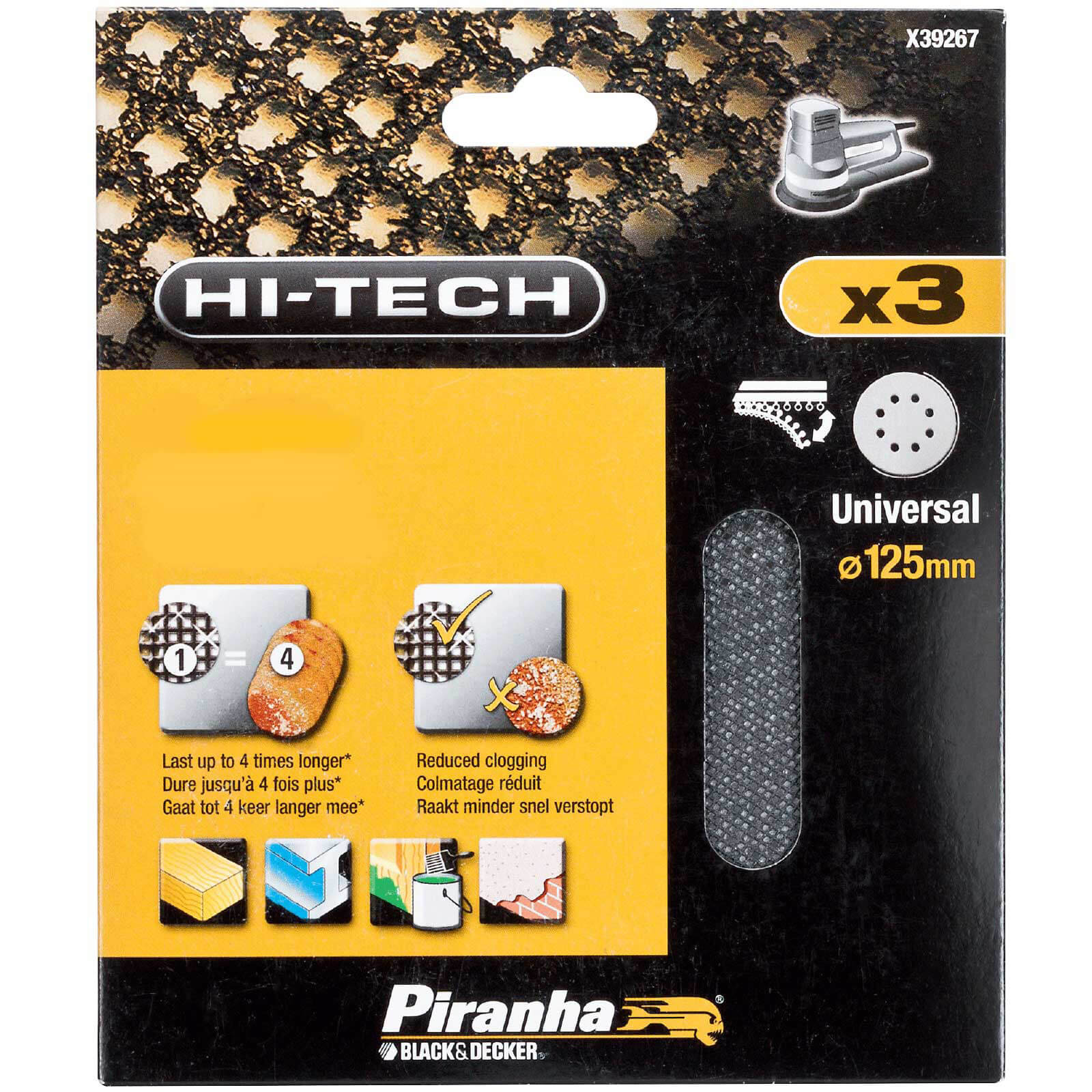 Image of Black and Decker Piranha Hi Tech Quick Fit Mesh ROS Sanding Sheets 125mm 125mm 80g Pack of 3