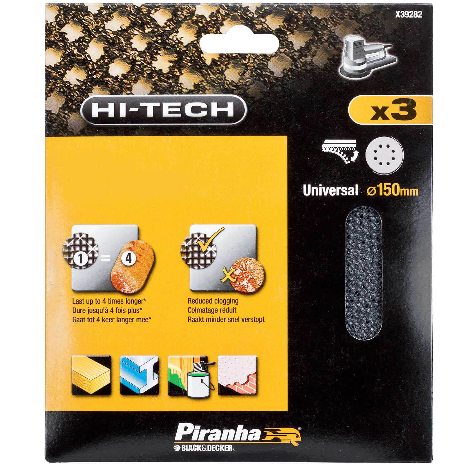Image of Black and Decker Piranha Hi Tech Quick Fit Mesh ROS Sanding Sheets 150mm 150mm 120g Pack of 3