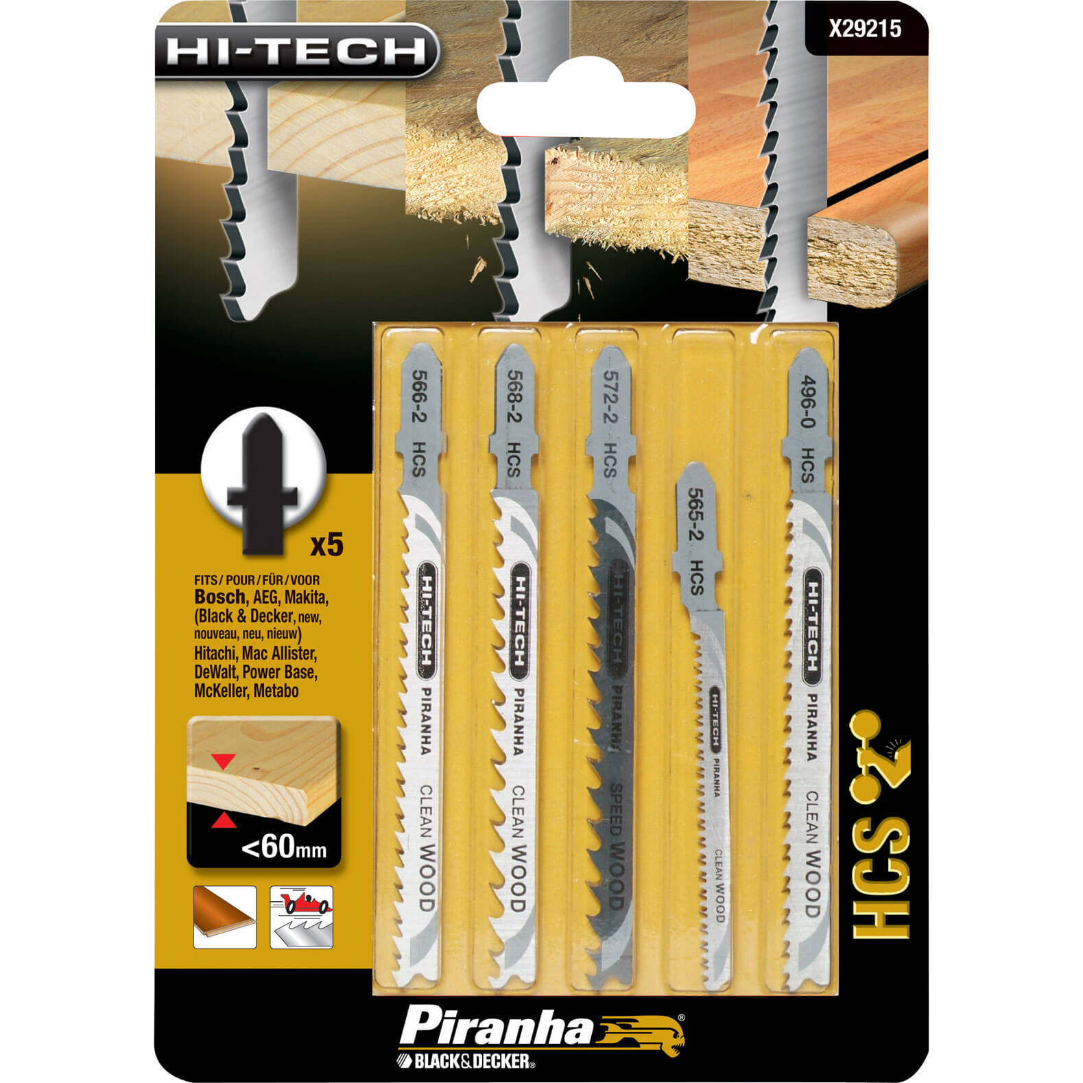 Image of Black and Decker X29215 Piranha 5 Piece Hi Tech Wood HCS T Shank Jigsaw Blade Set