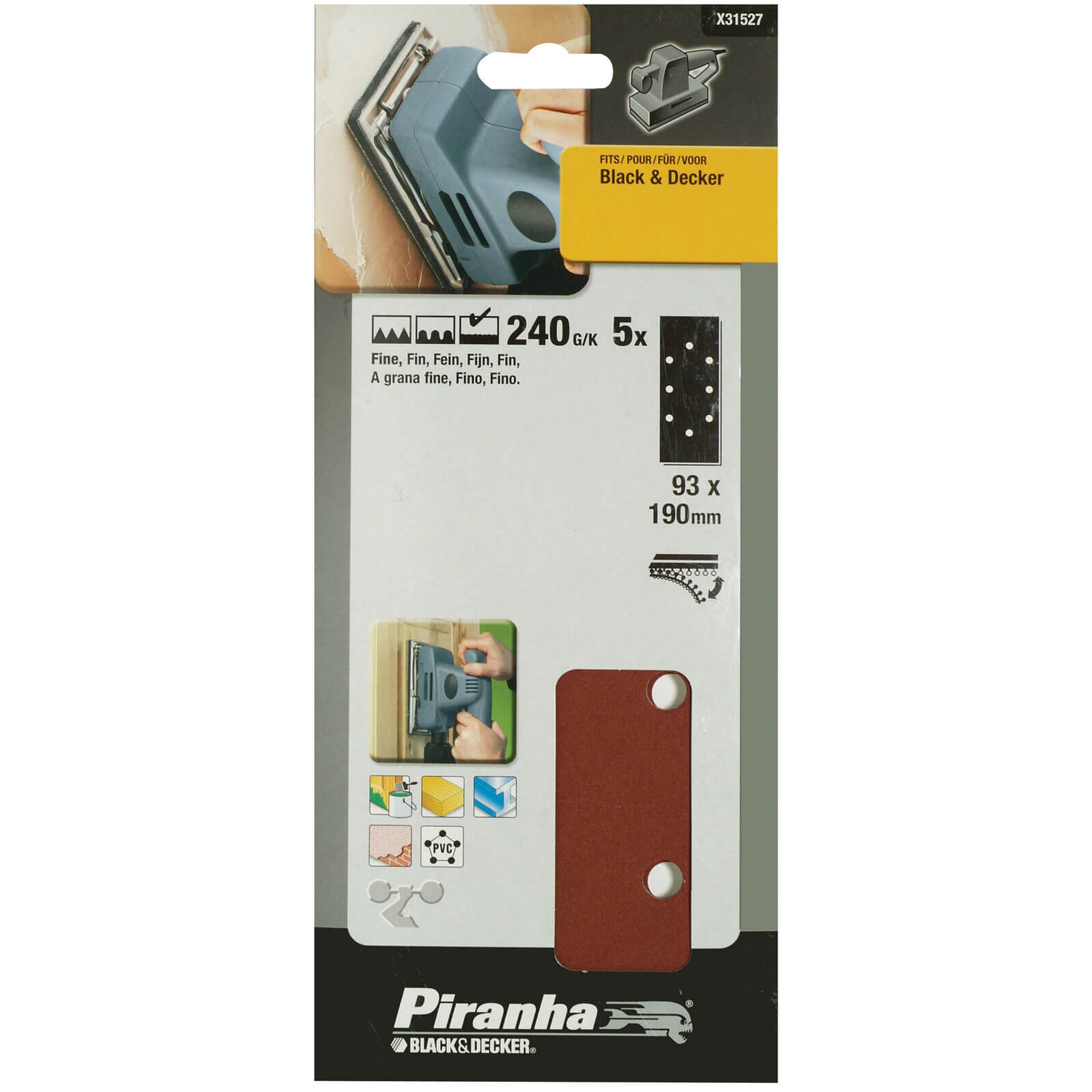 Image of Black and Decker Piranha Quick Fit Punched 1/3 Sanding Sheets 240g Pack of 5
