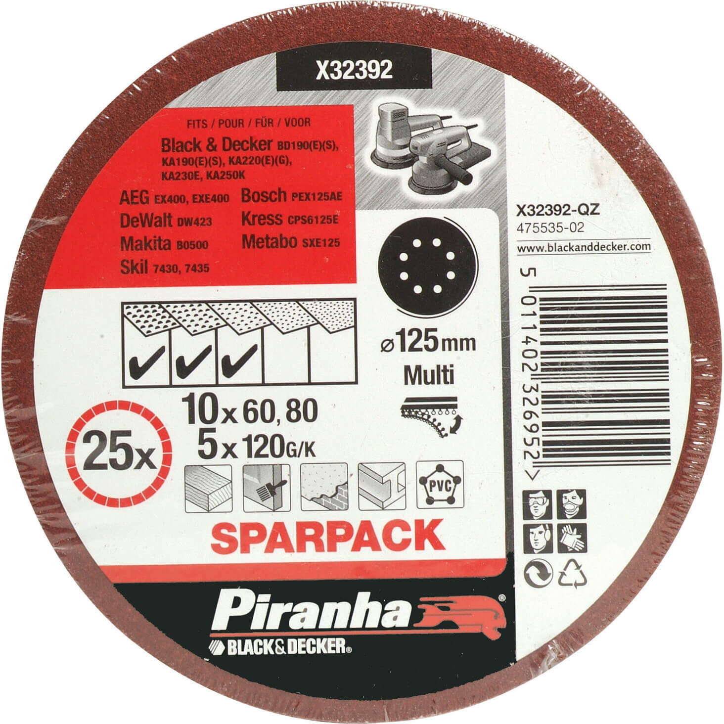 Image of Black and Decker Piranha Quick Fit ROS Sanding Discs 125mm 125mm Assorted Pack of 25