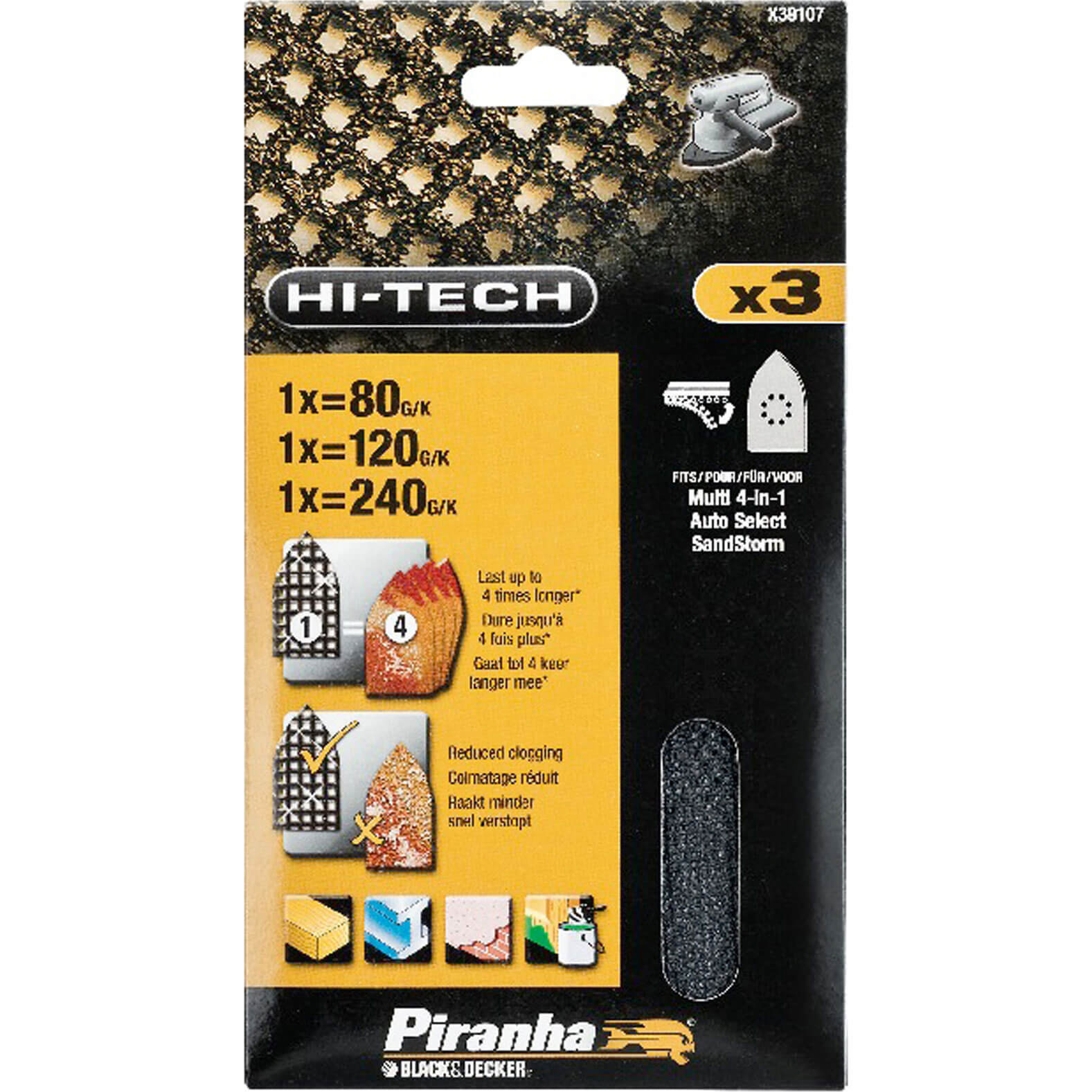 Image of Black and Decker Piranha Hi Tech Quick Fit Multi Sander Delta Sanding Sheets Assorted Grit Pack of 3