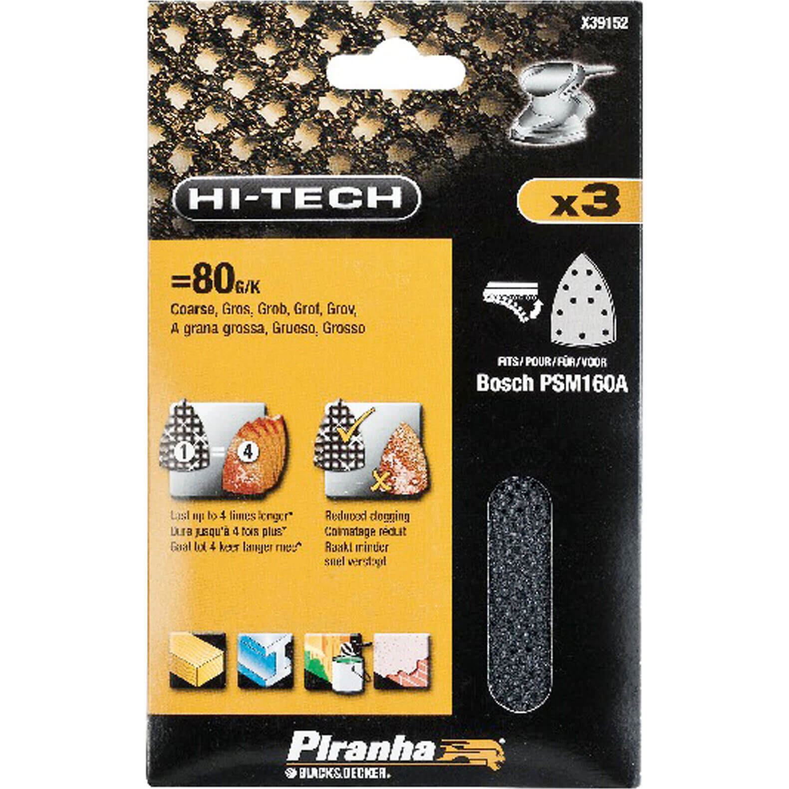 Image of Black and Decker Piranha Hi Tech Quick Fit Multi Sander Delta Sanding Sheets 80g Pack of 3
