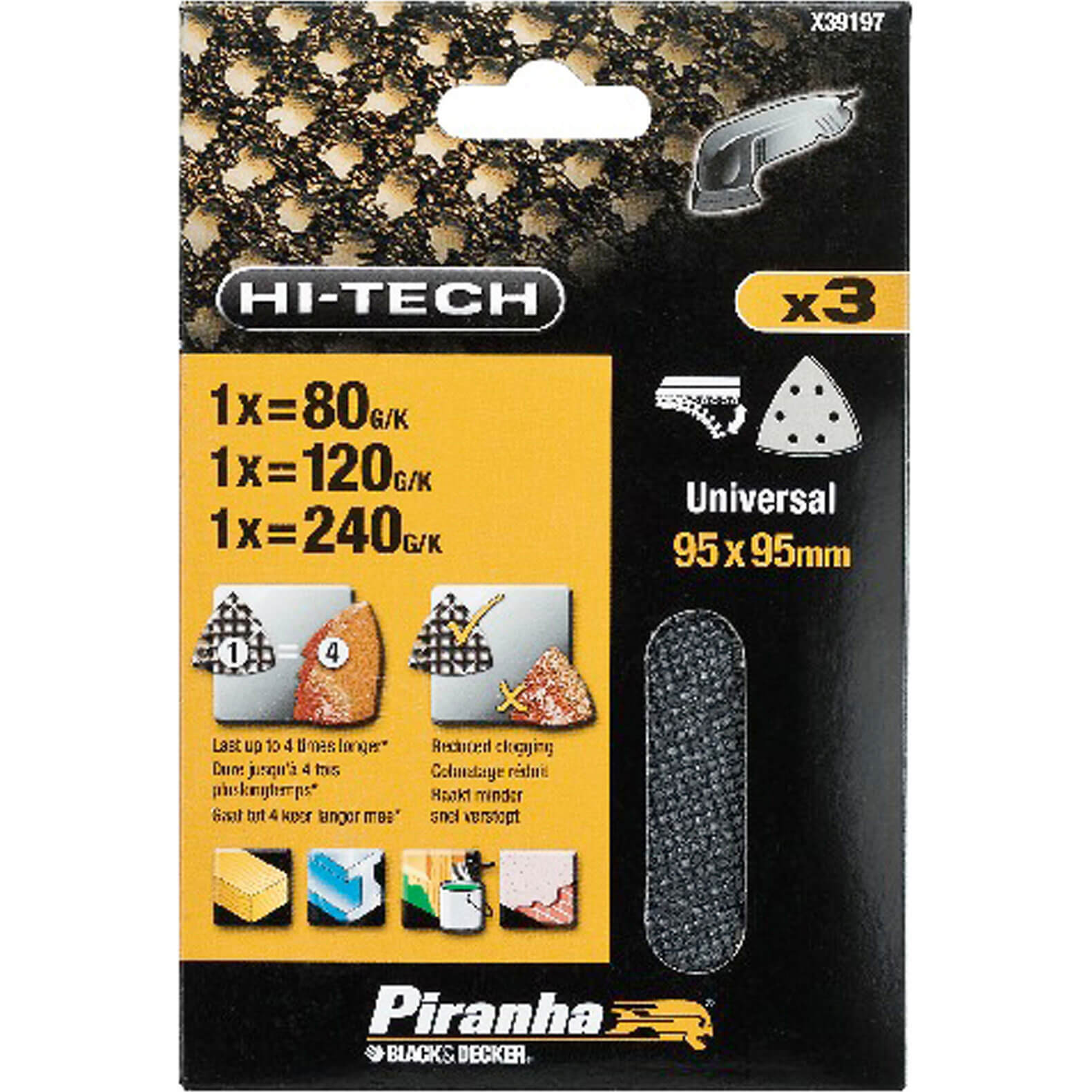 Image of Black and Decker Piranha Hi Tech Quick Fit Mesh Delta Sanding Sheets 95mm x 95mm Assorted Pack of 3
