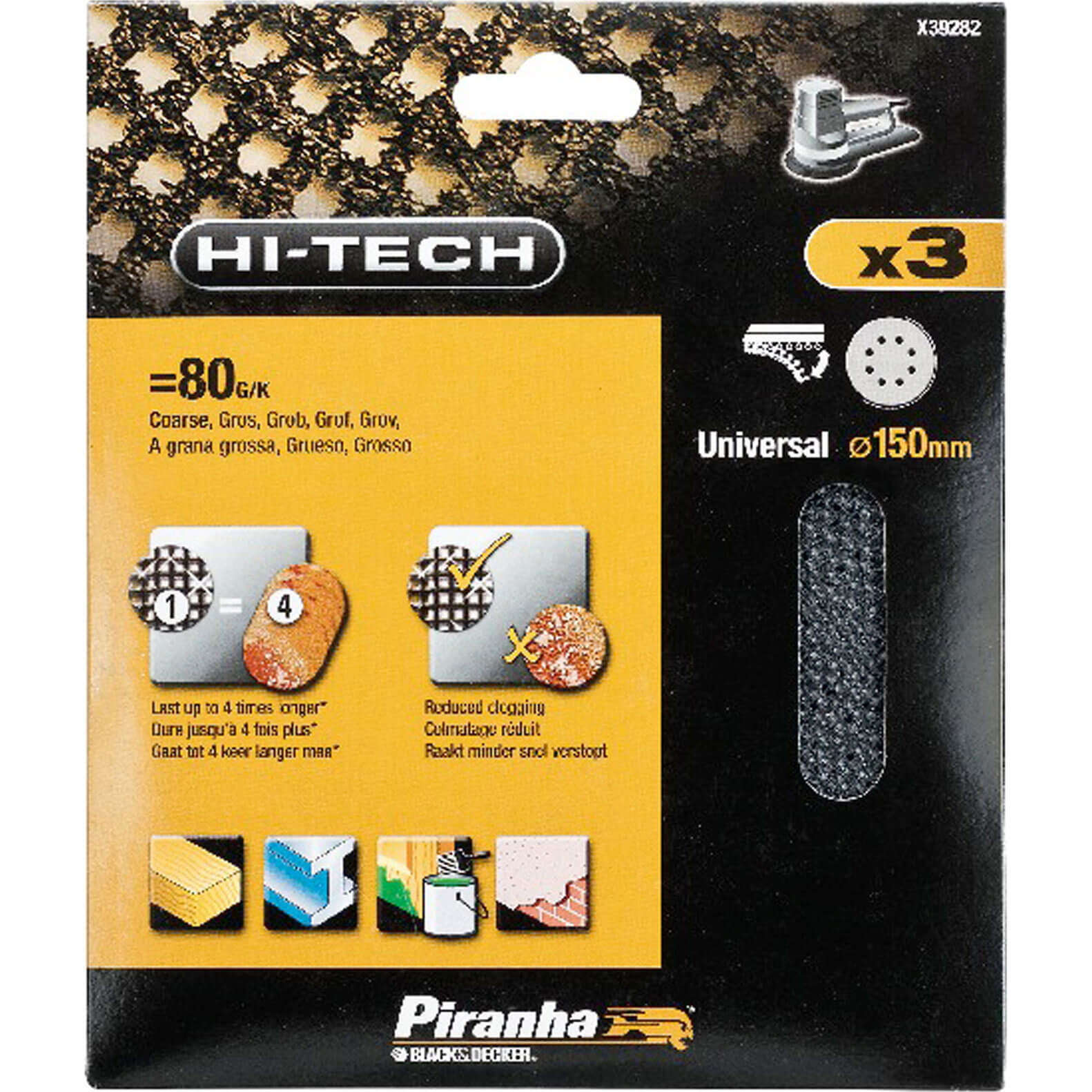 Image of Black and Decker Piranha Hi Tech Quick Fit Mesh ROS Sanding Sheets 150mm 150mm 80g Pack of 3