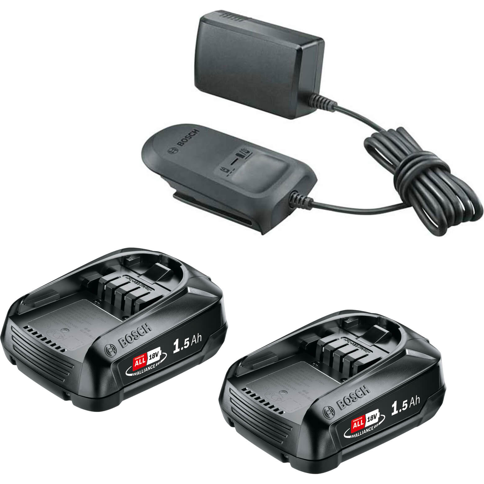 Image of Bosch Genuine GREEN 18v Cordless Li-ion Twin Battery 1.5ah and AL 1810 Charger 1.5ah