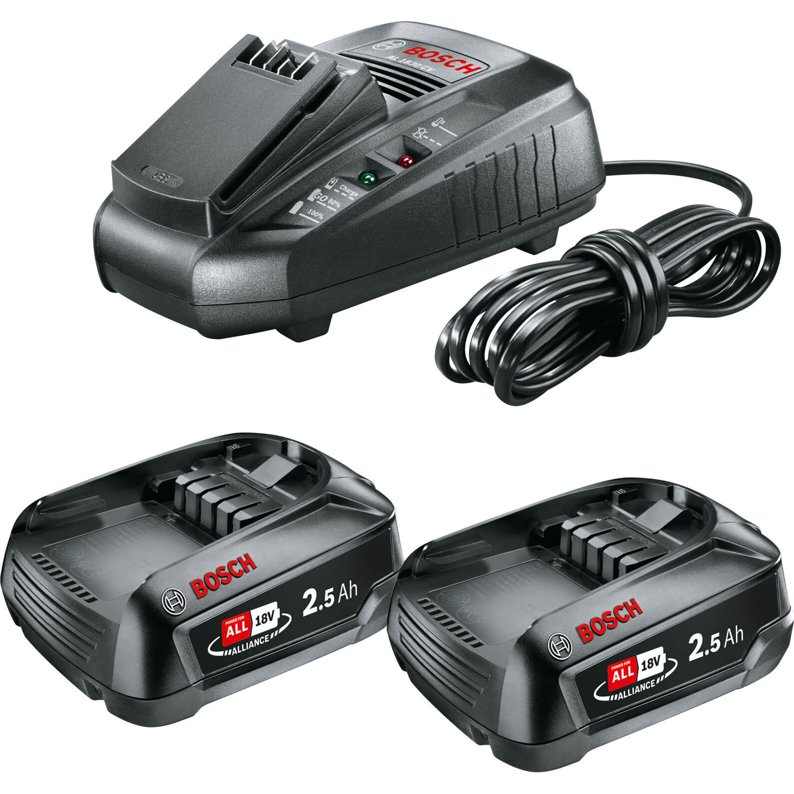 Image of Bosch Genuine GREEN 18v Cordless Li-ion Twin Battery 2.5ah and 3A Fast Charger 2.5ah