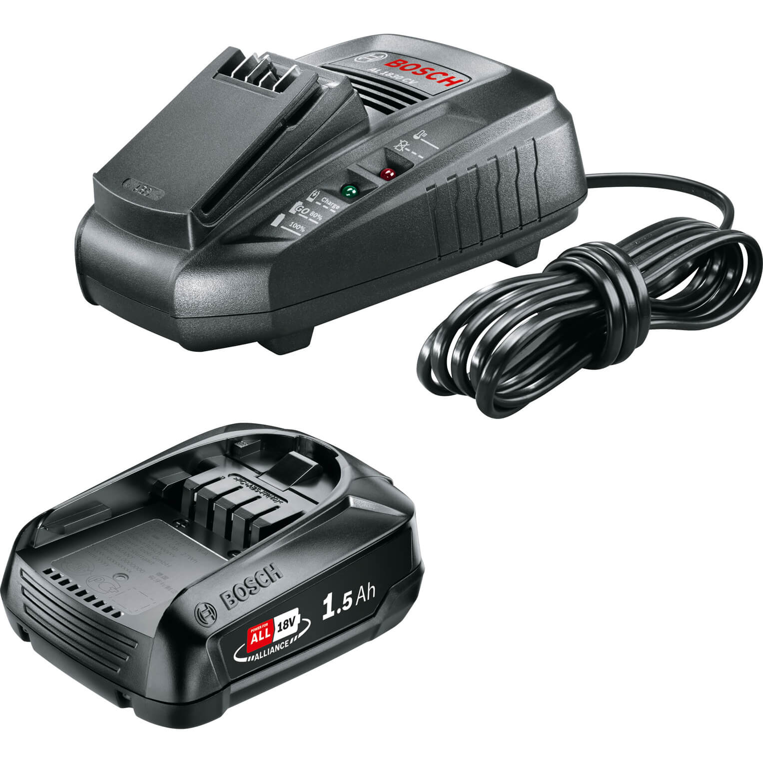 Image of Bosch Genuine GREEN 18v Cordless Li-ion Battery 1.5ah and 3A Fast Charger 1.5ah