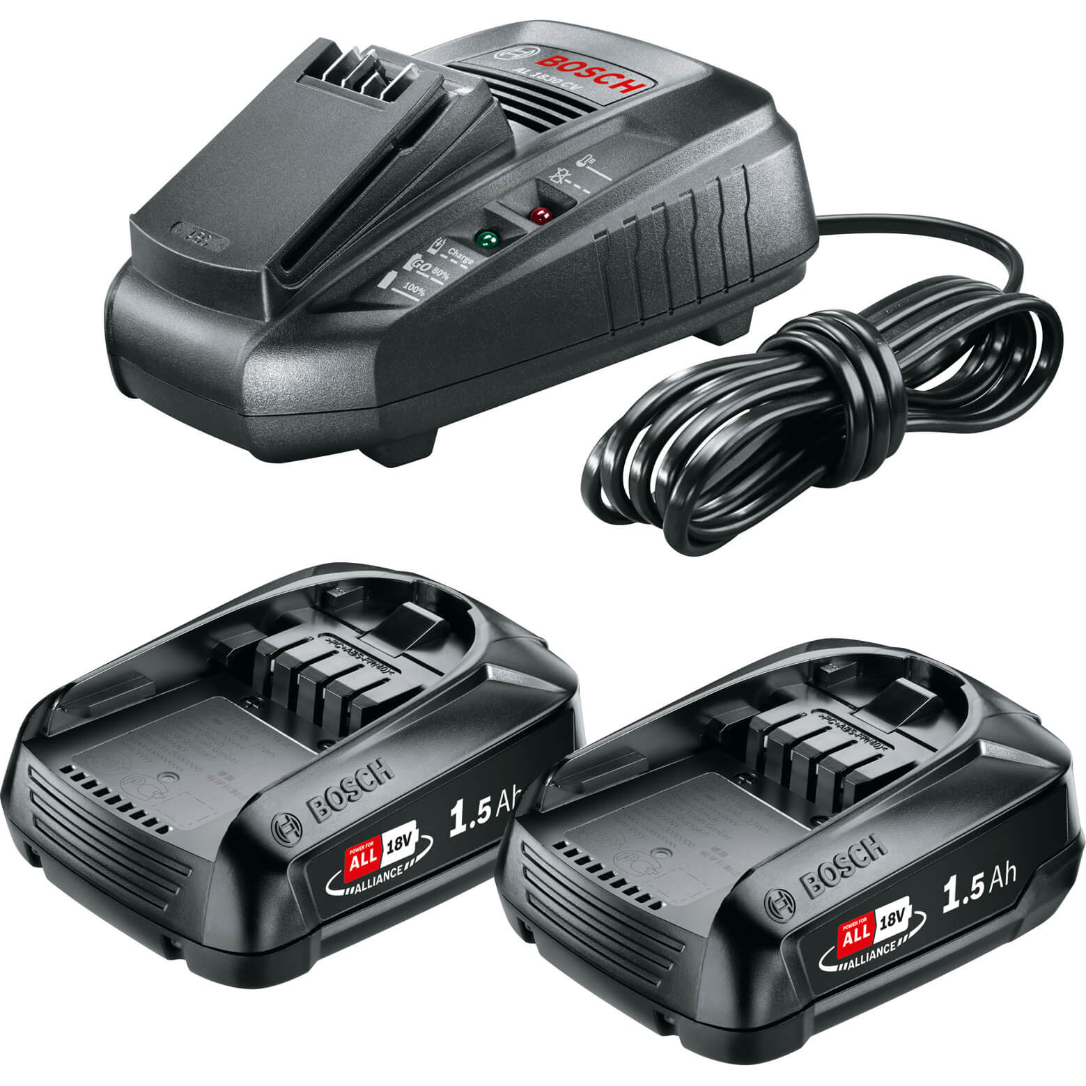 Image of Bosch Genuine GREEN 18v Cordless Li-ion Twin Battery 1.5ah and 3A Fast Charger 1.5ah