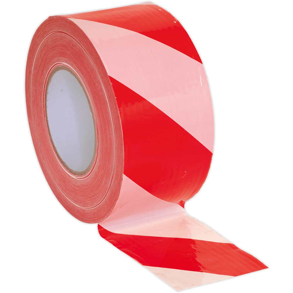 Image of Sealey Hazard Warning Barrier Tape Red / White 48mm 50m