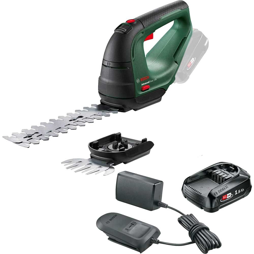 Bosch ADVANCEDSHEAR P4A 18v Cordless Grass and Shrub Shears 1  x 1.5ah Li-ion Battery Charger