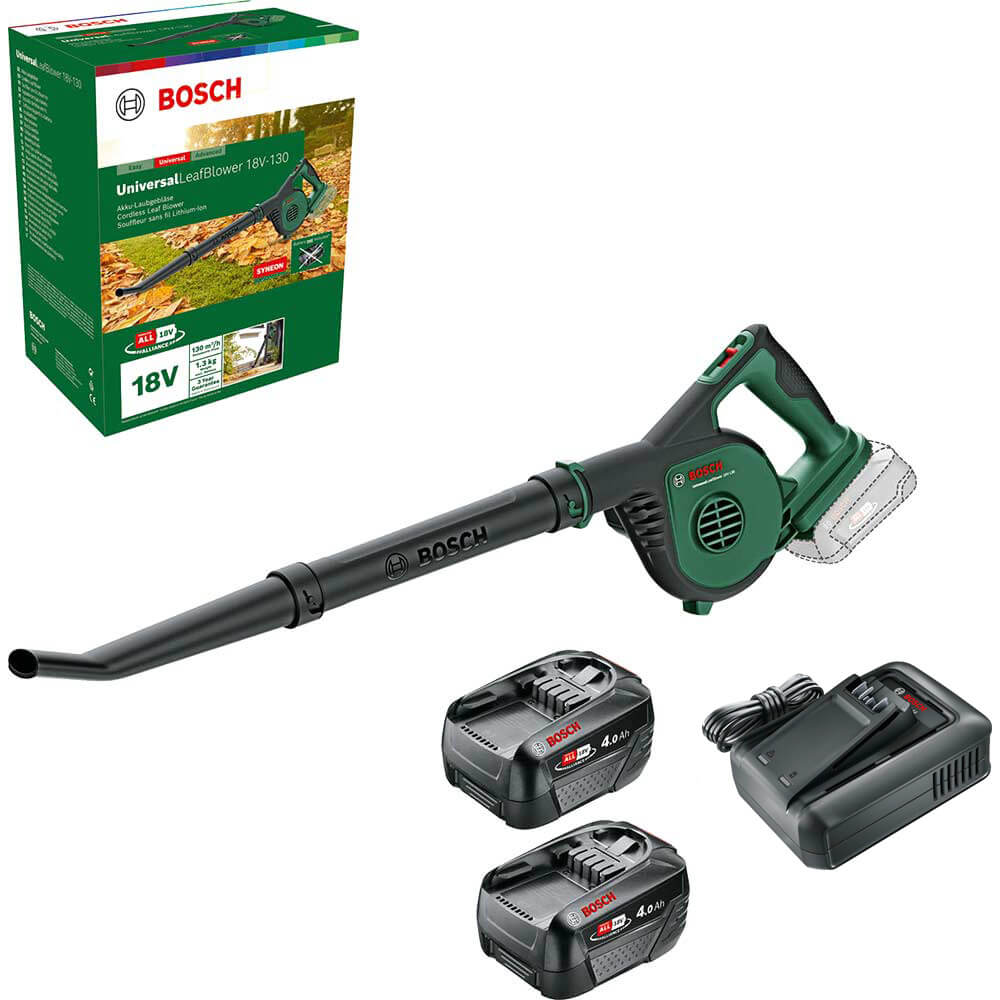 Bosch UNIVERSALLEAFBLOWER 18V-130 P4A 18v Cordless Garden Leaf and Workshop Blower 2 x 4ah Li-ion Battery Charger