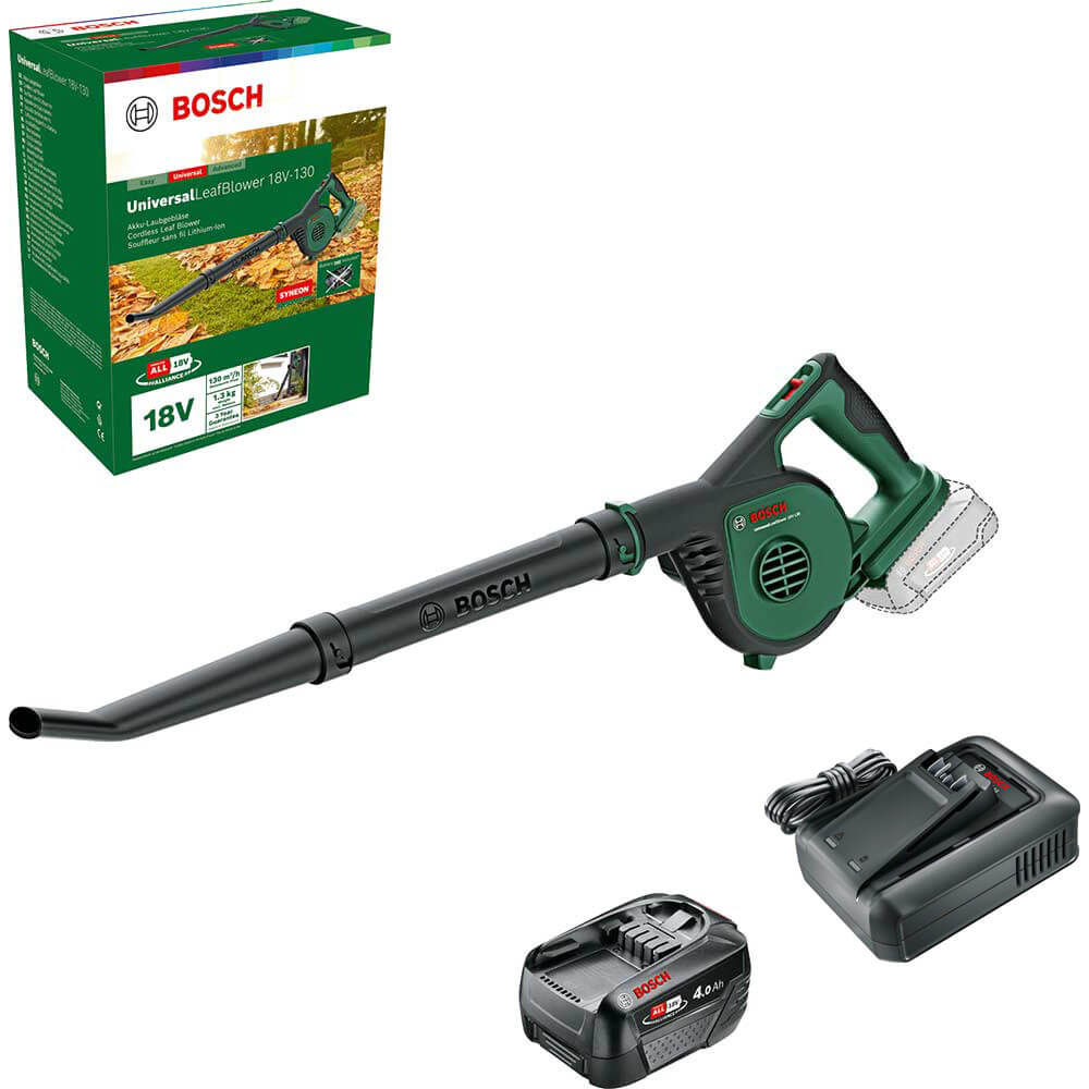 Bosch UNIVERSALLEAFBLOWER 18V-130 P4A 18v Cordless Garden Leaf and Workshop Blower 1 x 4ah Li-ion Battery Charger