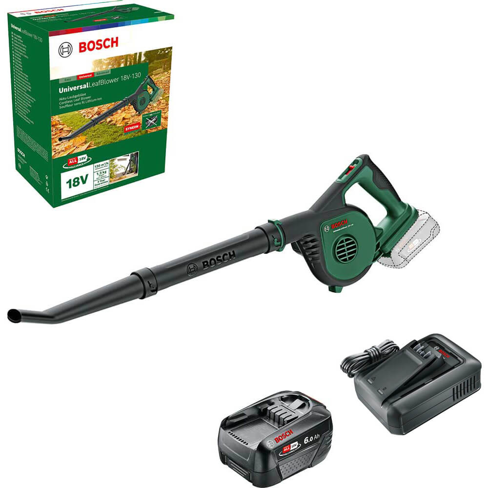 Bosch UNIVERSALLEAFBLOWER 18V-130 P4A 18v Cordless Garden Leaf and Workshop Blower 1 x 6ah Li-ion Battery Charger