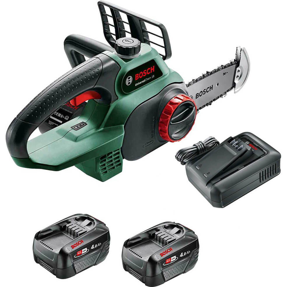 Bosch UNIVERSALCHAIN P4A 18v Cordless Chainsaw 200mm 2 x 4ah Li-ion Battery Charger
