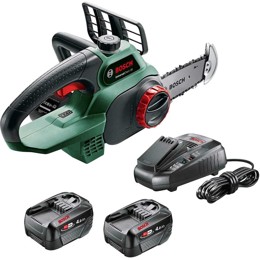 Image of Bosch UNIVERSALCHAIN 18v Cordless Chainsaw 200mm 2 x 4ah Li-ion Charger