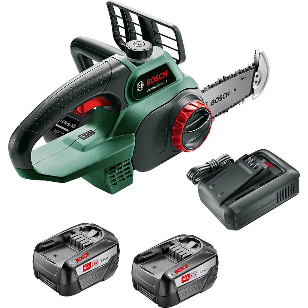 Bosch UNIVERSALCHAIN P4A 18v Cordless Chainsaw 200mm 2 x 6ah Li-ion Battery Charger