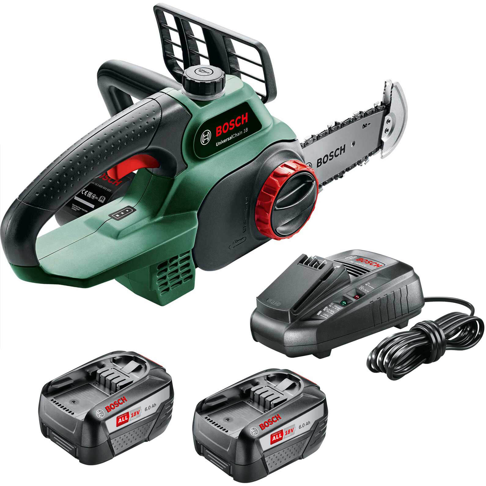 Image of Bosch UNIVERSALCHAIN 18v Cordless Chainsaw 200mm 2 x 6ah Li-ion Charger