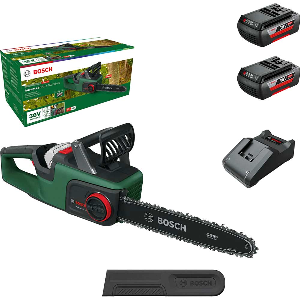 Image of Bosch ADVANCEDCHAIN 36V-35-30 36v Cordless Chainsaw 350mm 2 x 2ah Li-ion Charger