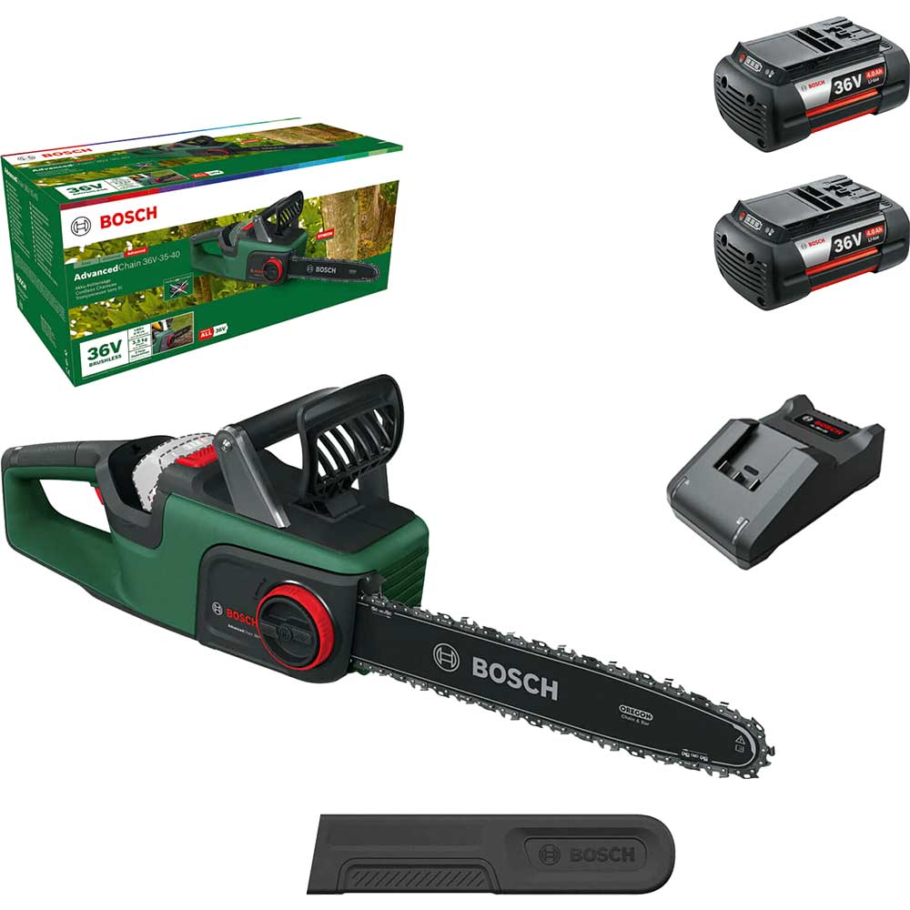 Bosch ADVANCEDCHAIN 36V-35 36v Cordless Chainsaw 350mm 2 x 4ah Li-ion Battery Charger
