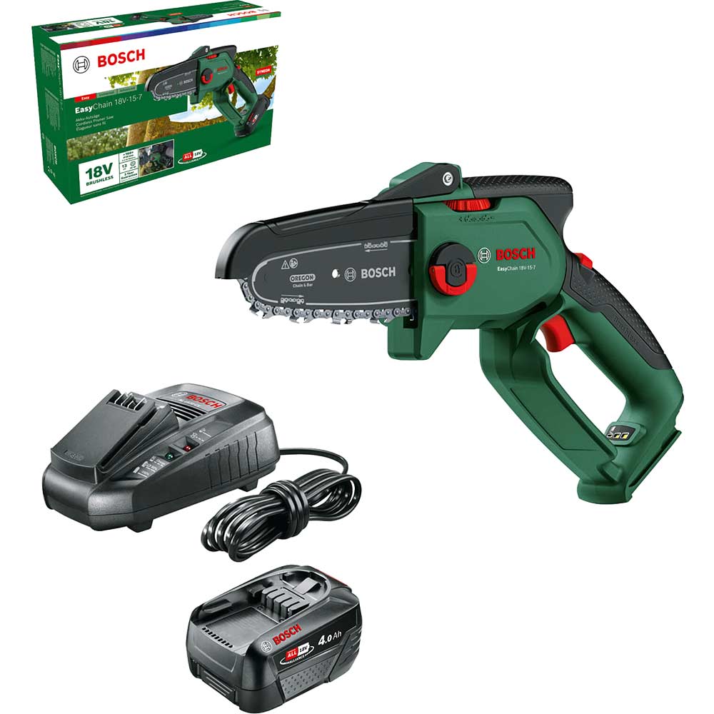 Bosch EASYCHAIN 18V-15-7 P4A 18v Cordless Brushless Chainsaw 150mm 1 x 4ah Li-ion Battery Charger