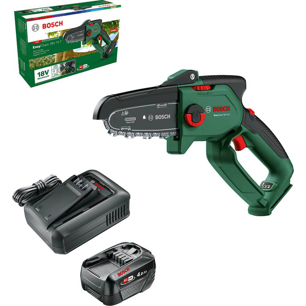 Bosch EASYCHAIN 18V-15-7 P4A 18v Cordless Brushless Chainsaw 150mm 1 x 4ah Li-ion Battery Charger