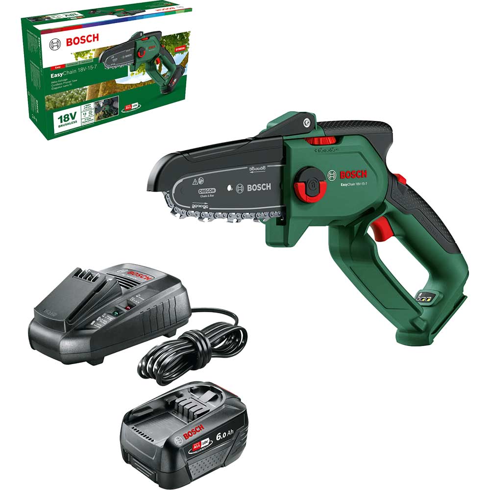 Bosch EASYCHAIN 18V-15-7 P4A 18v Cordless Brushless Chainsaw 150mm 1 x 6ah Li-ion Battery Charger
