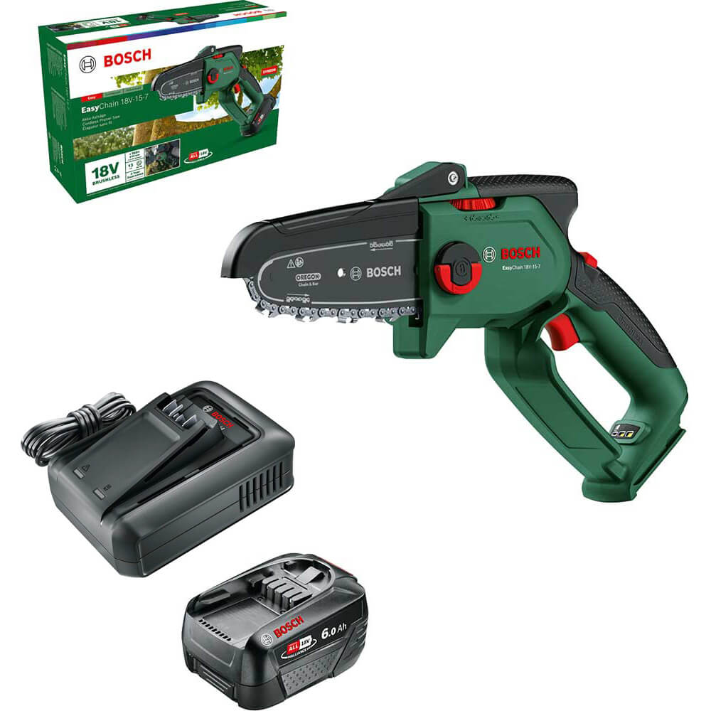 Bosch EASYCHAIN 18V-15-7 P4A 18v Cordless Brushless Chainsaw 150mm 1 x 6ah Li-ion Battery Charger