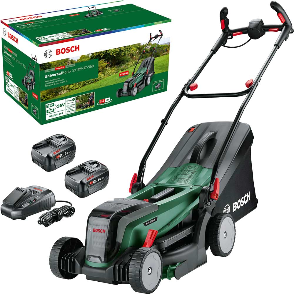 Bosch UNIVERSALROTAK 2X18V-37-550 P4A 36v Cordless Rotary Lawnmower 370mm 2 x 6ah Li-ion Battery Charger
