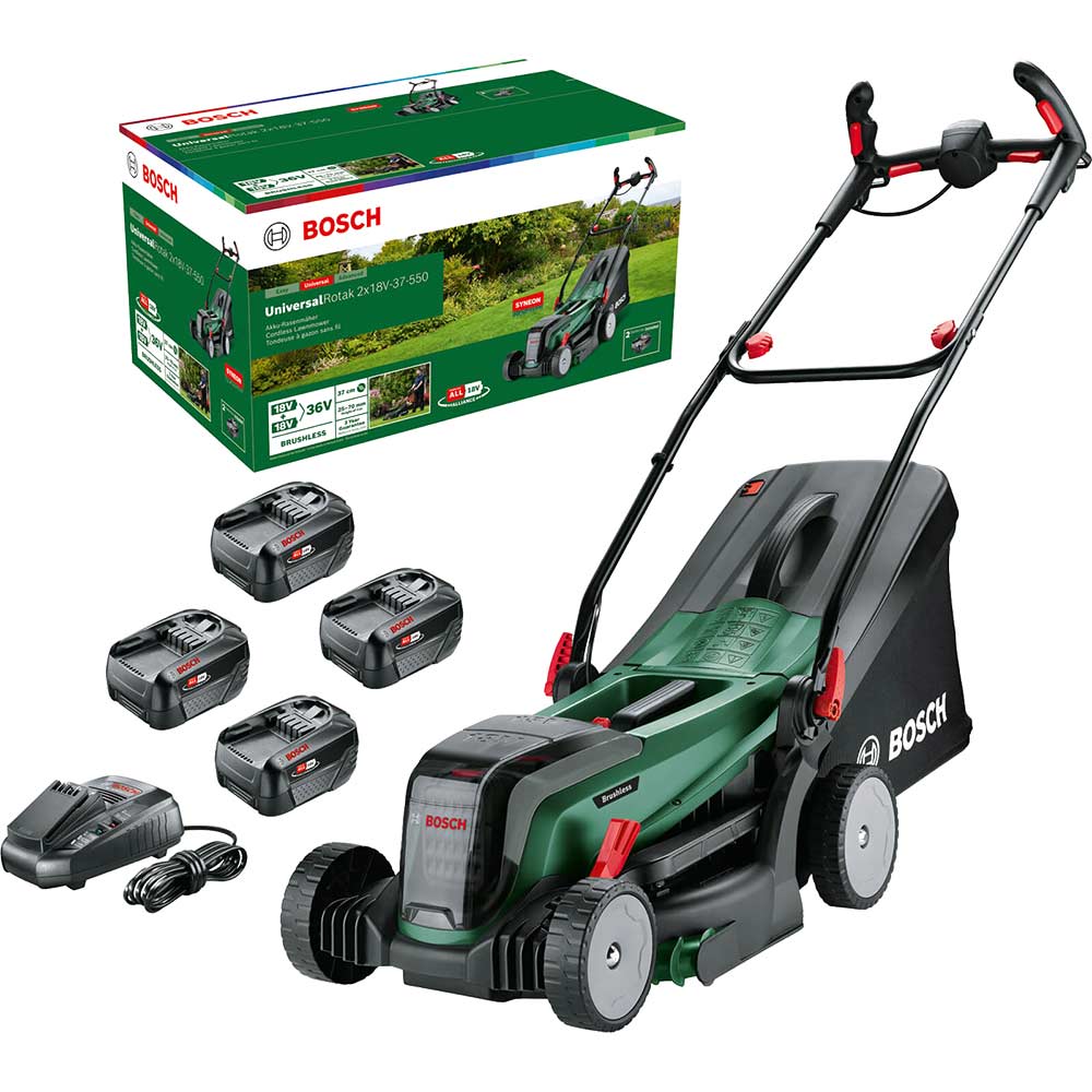 Bosch UNIVERSALROTAK 2X18V-37-550 P4A 36v Cordless Rotary Lawnmower 370mm 4 x 4ah Li-ion Battery Charger