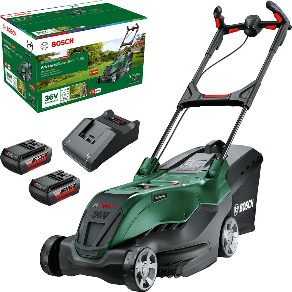 Bosch ADVANCEDROTAK 36V-40-650 36v Cordless Rotary Lawnmower 400mm 2 x 2ah Li-ion Battery Charger