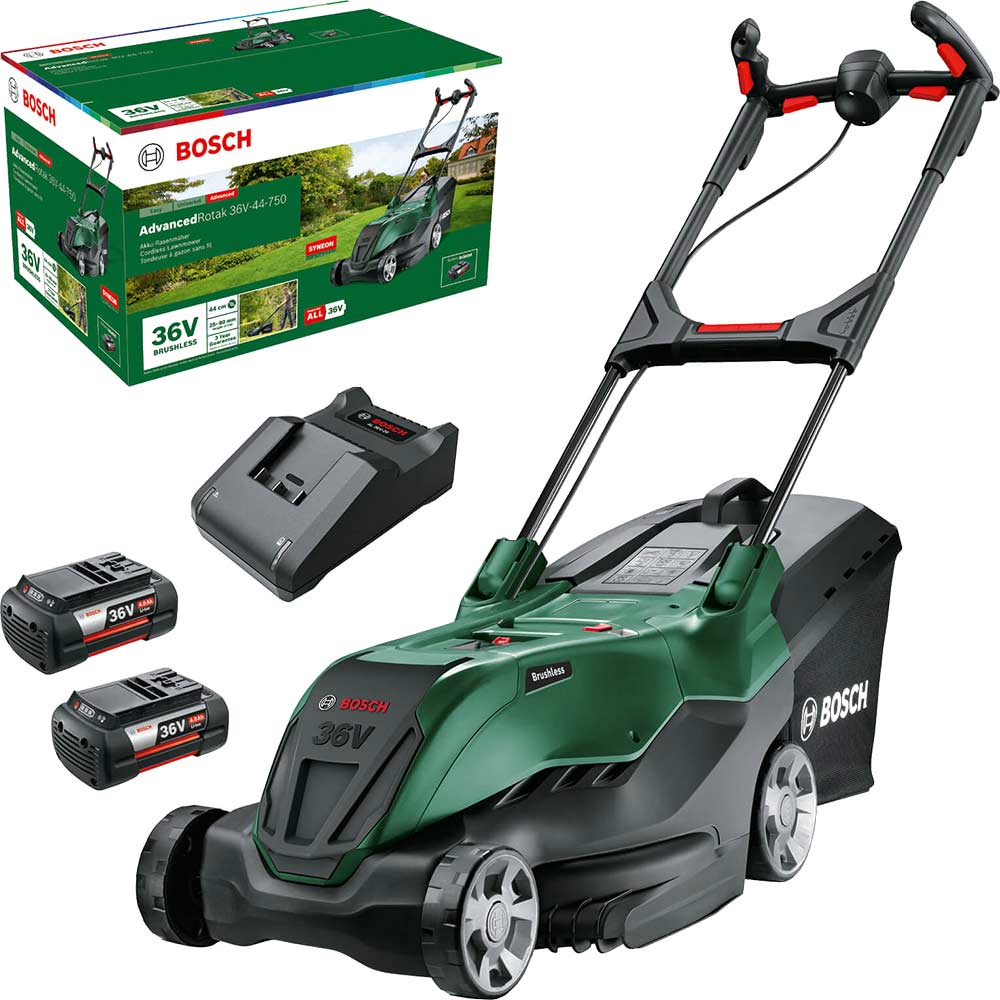 Bosch ADVANCEDROTAK 36V-44-750 36v Cordless Rotary Lawnmower 440mm 2 x 4ah Li-ion Battery Charger